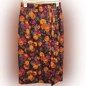Abercrombie & Fitch Vtg 90s Floral Pencil Wrap Skirt - Burgundy and Orange